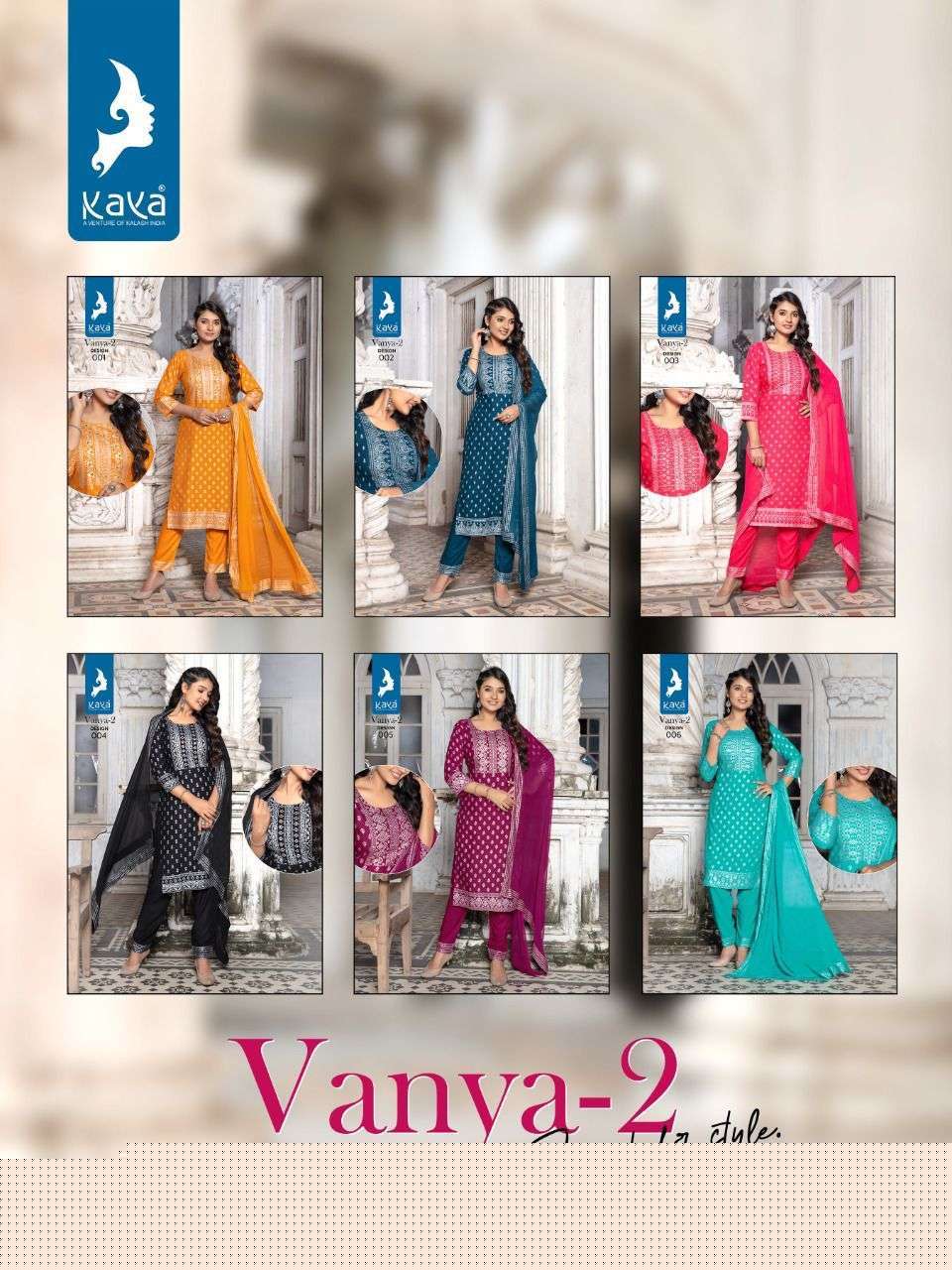 VANYA VOL-2 BY KAYA 001 TO 006 SERIES BEAUTIFUL SUITS COLORFUL STYLISH FANCY CASUAL WEAR & ETHNIC WEAR RAYON DRESSES AT WHOLESALE PRICE