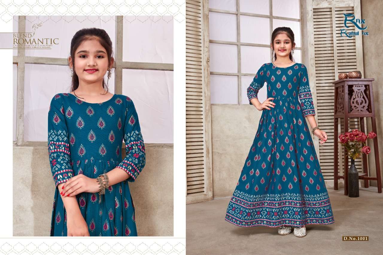 KIDSWEAR VOL-3 BY RAHUL NX 1001 TO 1008 SERIES DESIGNER STYLISH FANCY COLORFUL BEAUTIFUL PARTY WEAR & ETHNIC WEAR COLLECTION RAYON PRINT GOWNS AT WHOLESALE PRICE
