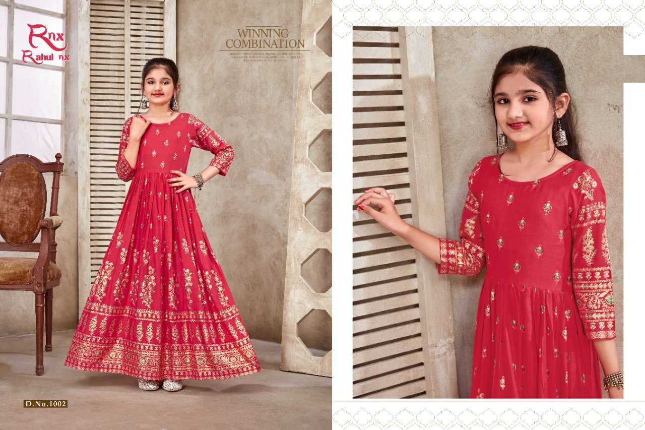 KIDSWEAR VOL-3 BY RAHUL NX 1001 TO 1008 SERIES DESIGNER STYLISH FANCY COLORFUL BEAUTIFUL PARTY WEAR & ETHNIC WEAR COLLECTION RAYON PRINT GOWNS AT WHOLESALE PRICE
