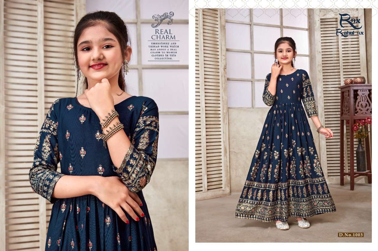 KIDSWEAR VOL-3 BY RAHUL NX 1001 TO 1008 SERIES DESIGNER STYLISH FANCY COLORFUL BEAUTIFUL PARTY WEAR & ETHNIC WEAR COLLECTION RAYON PRINT GOWNS AT WHOLESALE PRICE