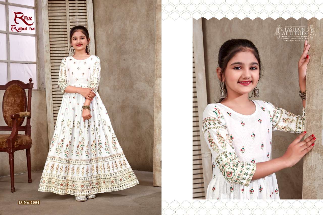 KIDSWEAR VOL-3 BY RAHUL NX 1001 TO 1008 SERIES DESIGNER STYLISH FANCY COLORFUL BEAUTIFUL PARTY WEAR & ETHNIC WEAR COLLECTION RAYON PRINT GOWNS AT WHOLESALE PRICE