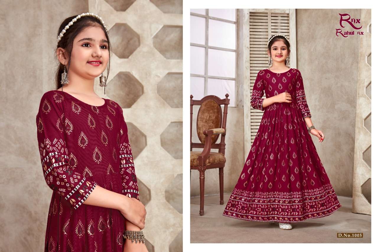 KIDSWEAR VOL-3 BY RAHUL NX 1001 TO 1008 SERIES DESIGNER STYLISH FANCY COLORFUL BEAUTIFUL PARTY WEAR & ETHNIC WEAR COLLECTION RAYON PRINT GOWNS AT WHOLESALE PRICE