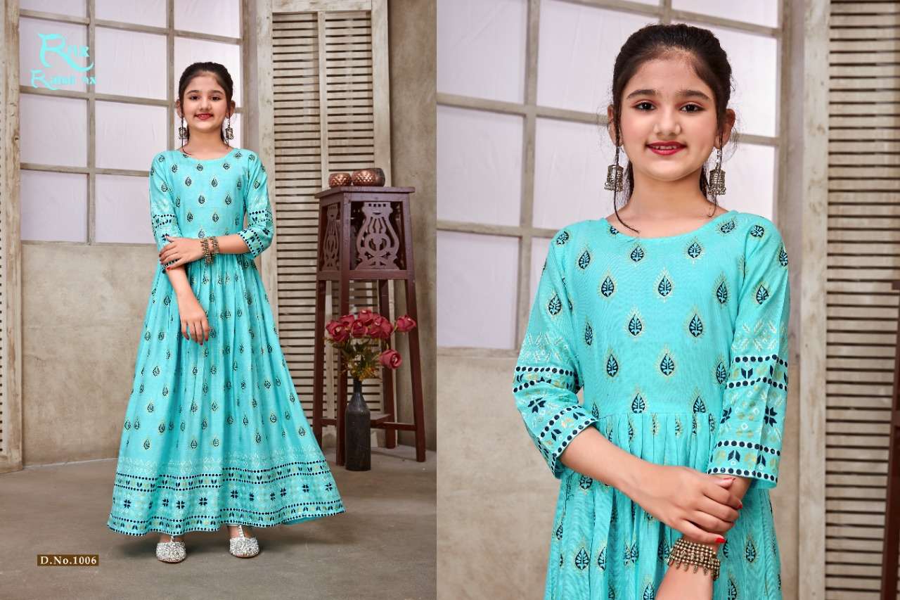 KIDSWEAR VOL-3 BY RAHUL NX 1001 TO 1008 SERIES DESIGNER STYLISH FANCY COLORFUL BEAUTIFUL PARTY WEAR & ETHNIC WEAR COLLECTION RAYON PRINT GOWNS AT WHOLESALE PRICE