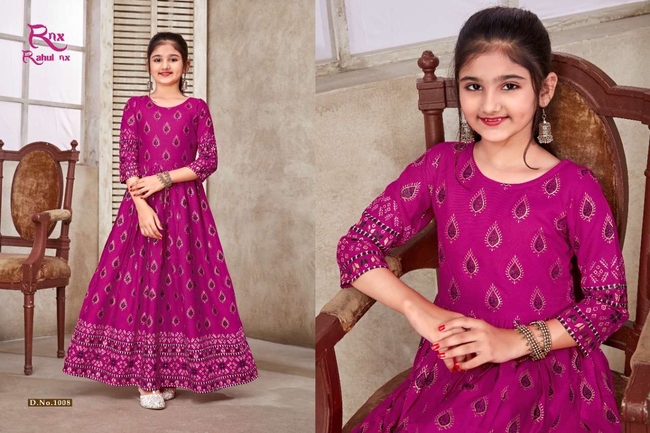 KIDSWEAR VOL-3 BY RAHUL NX 1001 TO 1008 SERIES DESIGNER STYLISH FANCY COLORFUL BEAUTIFUL PARTY WEAR & ETHNIC WEAR COLLECTION RAYON PRINT GOWNS AT WHOLESALE PRICE