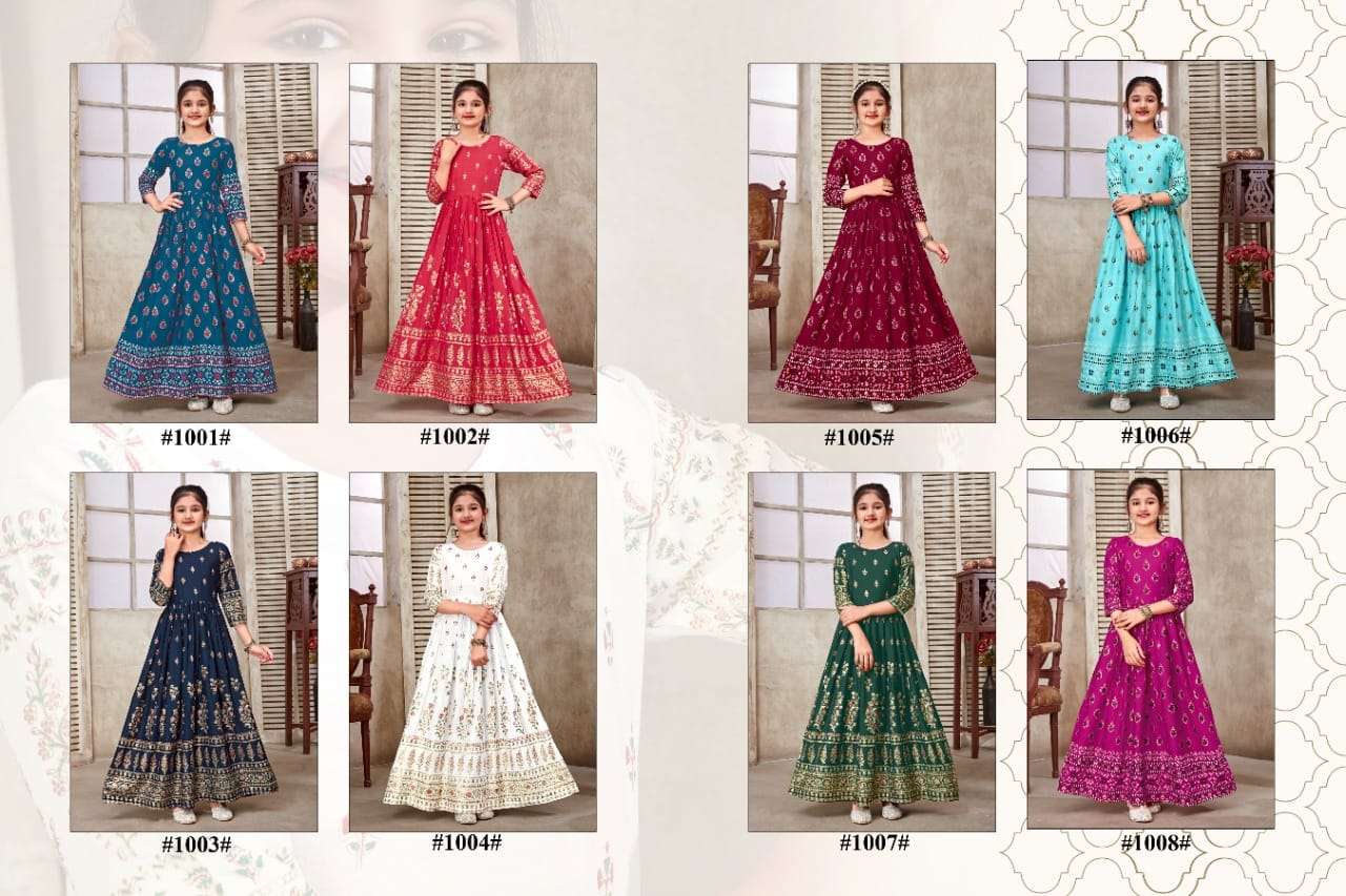 KIDSWEAR VOL-3 BY RAHUL NX 1001 TO 1008 SERIES DESIGNER STYLISH FANCY COLORFUL BEAUTIFUL PARTY WEAR & ETHNIC WEAR COLLECTION RAYON PRINT GOWNS AT WHOLESALE PRICE