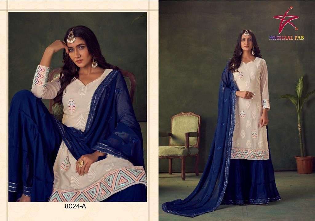 MISHAAL 8024 COLOURS BY MISHAAL FABS 8024-A TO 8024-D SERIES BEAUTIFUL PAKISTANI SUITS STYLISH COLORFUL FANCY CASUAL WEAR & ETHNIC WEAR HEAVY GEORGETTE EMBROIDERED DRESSES AT WHOLESALE PRICE