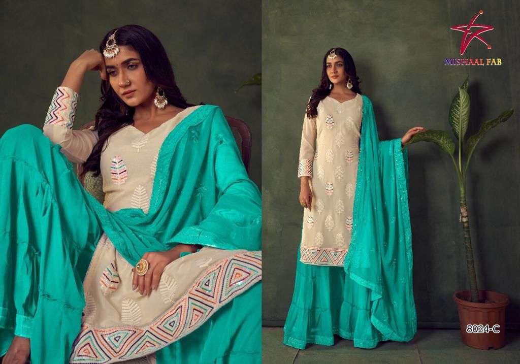 MISHAAL 8024 COLOURS BY MISHAAL FABS 8024-A TO 8024-D SERIES BEAUTIFUL PAKISTANI SUITS STYLISH COLORFUL FANCY CASUAL WEAR & ETHNIC WEAR HEAVY GEORGETTE EMBROIDERED DRESSES AT WHOLESALE PRICE