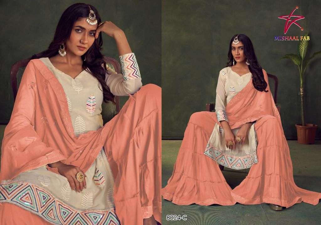 MISHAAL 8024 COLOURS BY MISHAAL FABS 8024-A TO 8024-D SERIES BEAUTIFUL PAKISTANI SUITS STYLISH COLORFUL FANCY CASUAL WEAR & ETHNIC WEAR HEAVY GEORGETTE EMBROIDERED DRESSES AT WHOLESALE PRICE