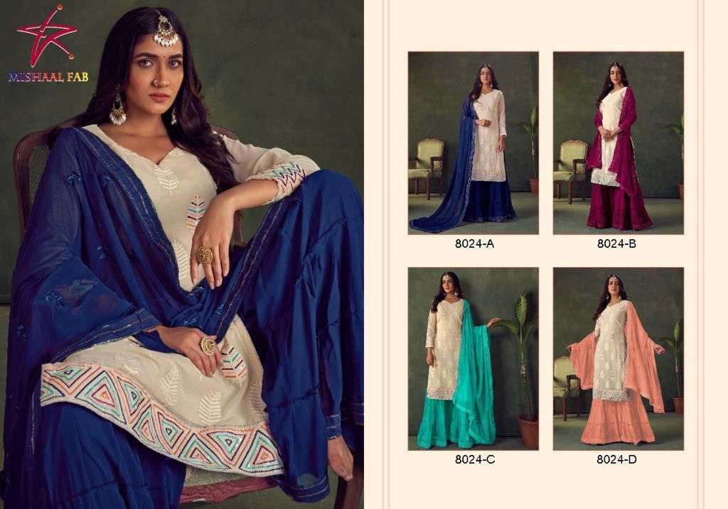 MISHAAL 8024 COLOURS BY MISHAAL FABS 8024-A TO 8024-D SERIES BEAUTIFUL PAKISTANI SUITS STYLISH COLORFUL FANCY CASUAL WEAR & ETHNIC WEAR HEAVY GEORGETTE EMBROIDERED DRESSES AT WHOLESALE PRICE