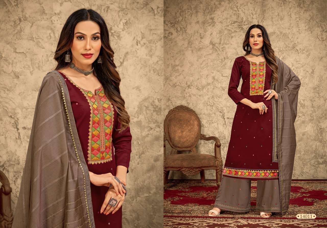 RANGRITI BY PANCH RATNA 14011 TO 14014 SERIES BEAUTIFUL PATIYALA SUITS COLORFUL STYLISH FANCY CASUAL WEAR & ETHNIC WEAR PURE JAM SILK EMBROIDERED DRESSES AT WHOLESALE PRICE