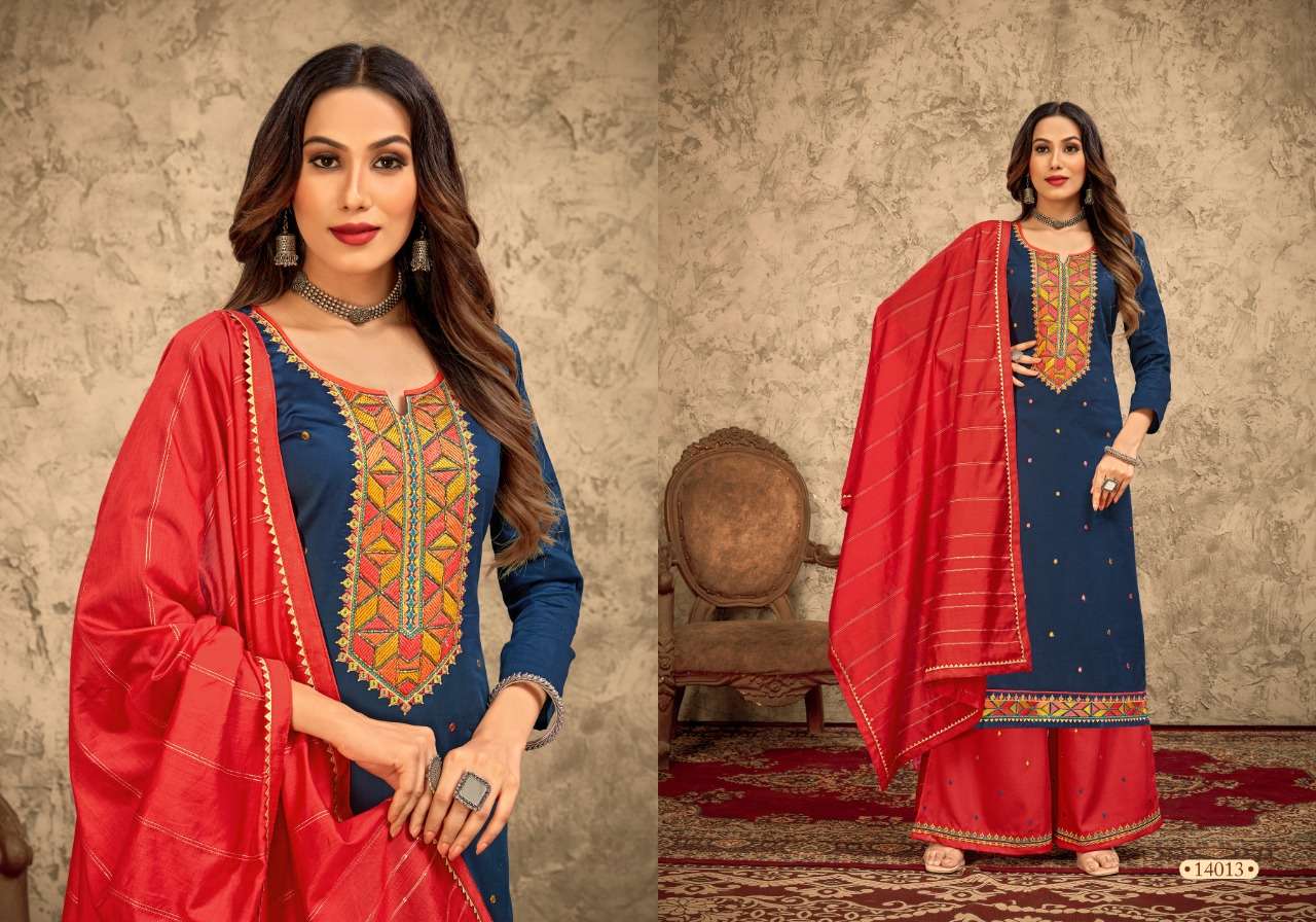 RANGRITI BY PANCH RATNA 14011 TO 14014 SERIES BEAUTIFUL PATIYALA SUITS COLORFUL STYLISH FANCY CASUAL WEAR & ETHNIC WEAR PURE JAM SILK EMBROIDERED DRESSES AT WHOLESALE PRICE