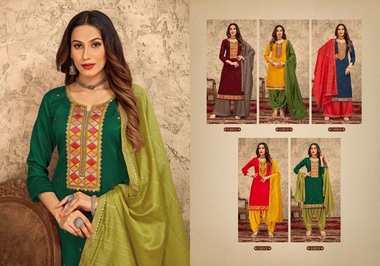 RANGRITI BY PANCH RATNA 14011 TO 14014 SERIES BEAUTIFUL PATIYALA SUITS COLORFUL STYLISH FANCY CASUAL WEAR & ETHNIC WEAR PURE JAM SILK EMBROIDERED DRESSES AT WHOLESALE PRICE