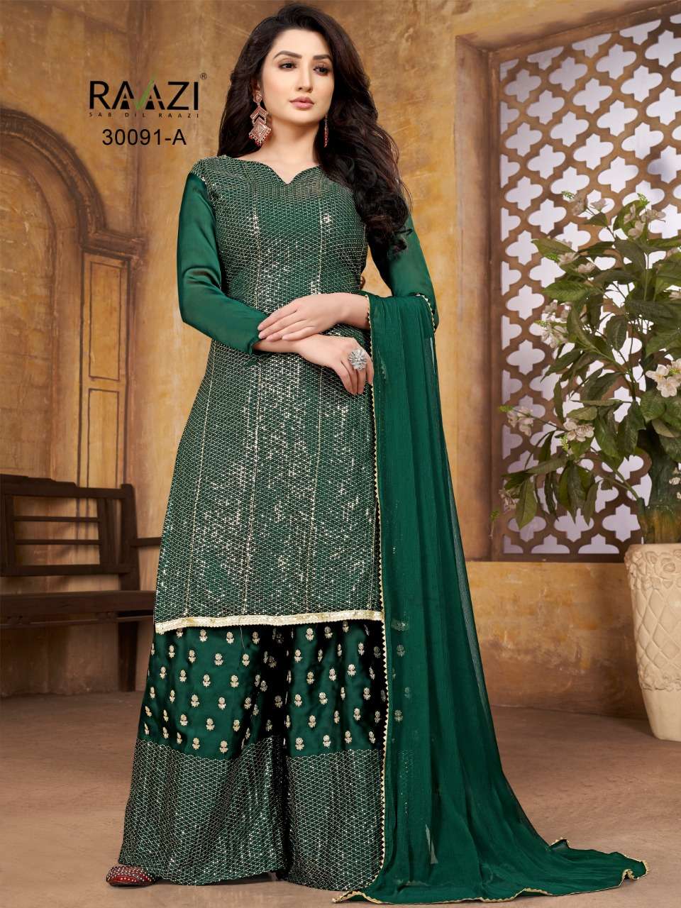 RAAZI 30091 COLOURS BY RAMA FASHION 30091-A TO 30091-D SERIES BEAUTIFUL SHARARA SUITS COLORFUL STYLISH FANCY CASUAL WEAR & ETHNIC WEAR HEAVY SATIN GEORGETTE EMBROIDERED DRESSES AT WHOLESALE PRICE