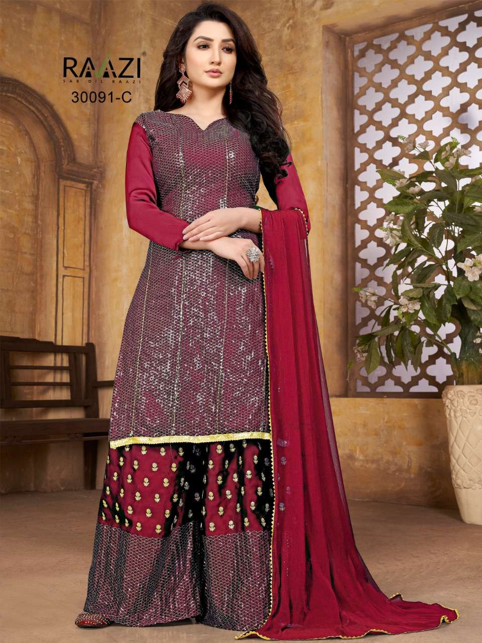 RAAZI 30091 COLOURS BY RAMA FASHION 30091-A TO 30091-D SERIES BEAUTIFUL SHARARA SUITS COLORFUL STYLISH FANCY CASUAL WEAR & ETHNIC WEAR HEAVY SATIN GEORGETTE EMBROIDERED DRESSES AT WHOLESALE PRICE