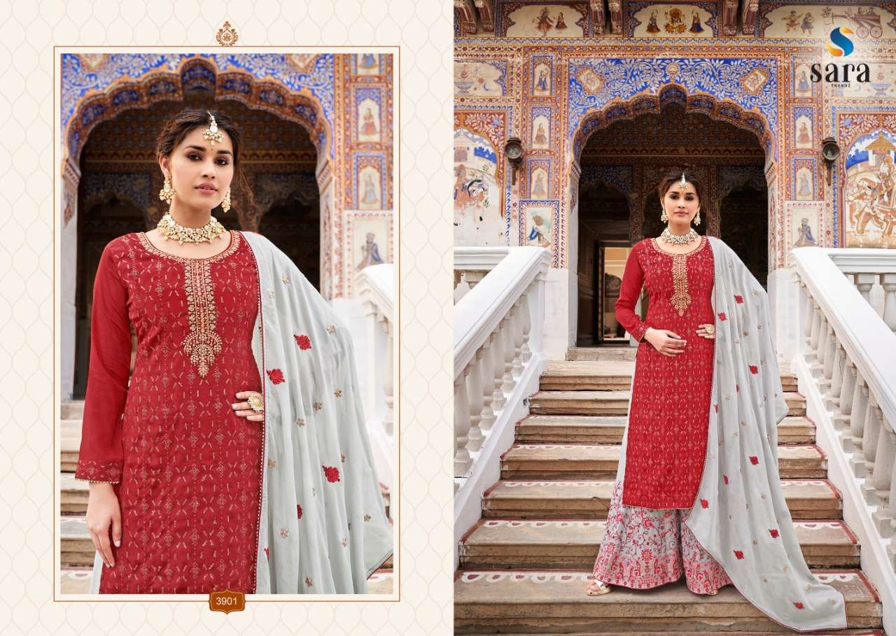 ANOKHI BY SARA TRENDZ 3901 TO 3904 SERIES BEAUTIFUL SHARARA SUITS COLORFUL STYLISH FANCY CASUAL WEAR & ETHNIC WEAR CHINNON EMBROIDERED DRESSES AT WHOLESALE PRICE