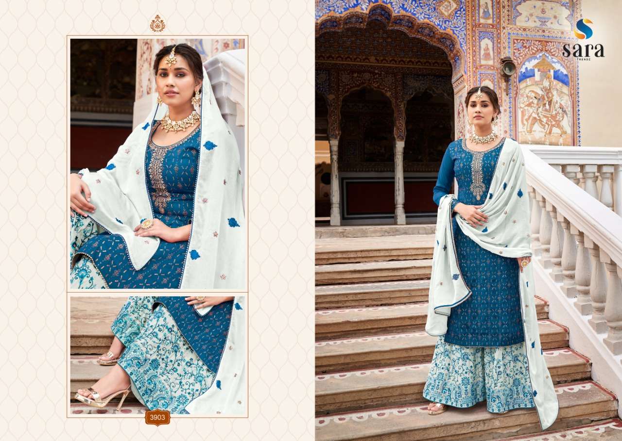 ANOKHI BY SARA TRENDZ 3901 TO 3904 SERIES BEAUTIFUL SHARARA SUITS COLORFUL STYLISH FANCY CASUAL WEAR & ETHNIC WEAR CHINNON EMBROIDERED DRESSES AT WHOLESALE PRICE