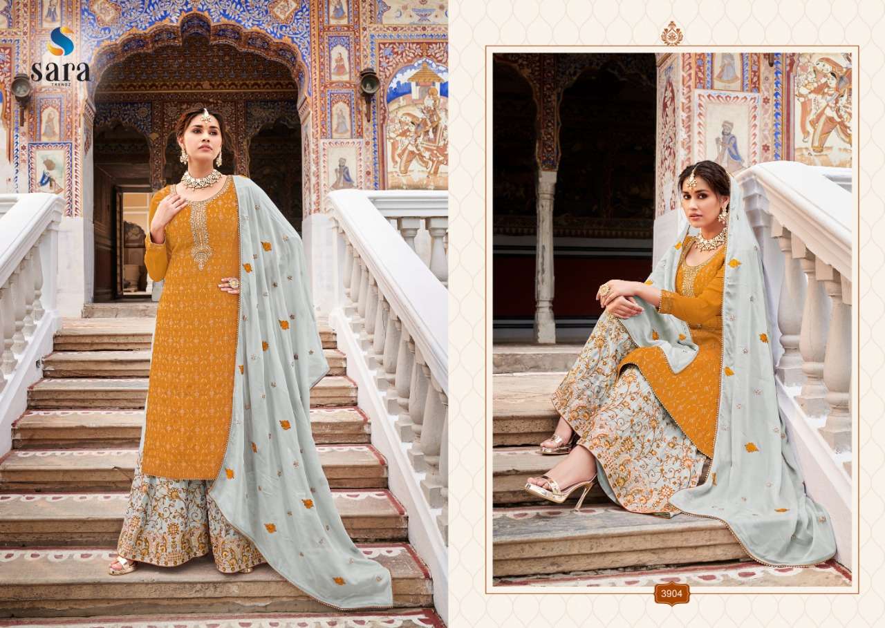 ANOKHI BY SARA TRENDZ 3901 TO 3904 SERIES BEAUTIFUL SHARARA SUITS COLORFUL STYLISH FANCY CASUAL WEAR & ETHNIC WEAR CHINNON EMBROIDERED DRESSES AT WHOLESALE PRICE