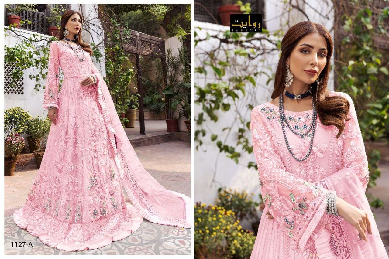 EMAAN ADEEL SPECIAL BY RAWAYAT 1127-A TO 1127-D SERIES PAKISTANI SUITS BEAUTIFUL FANCY COLORFUL STYLISH PARTY WEAR & OCCASIONAL WEAR NET EMBROIDERY DRESSES AT WHOLESALE PRICE