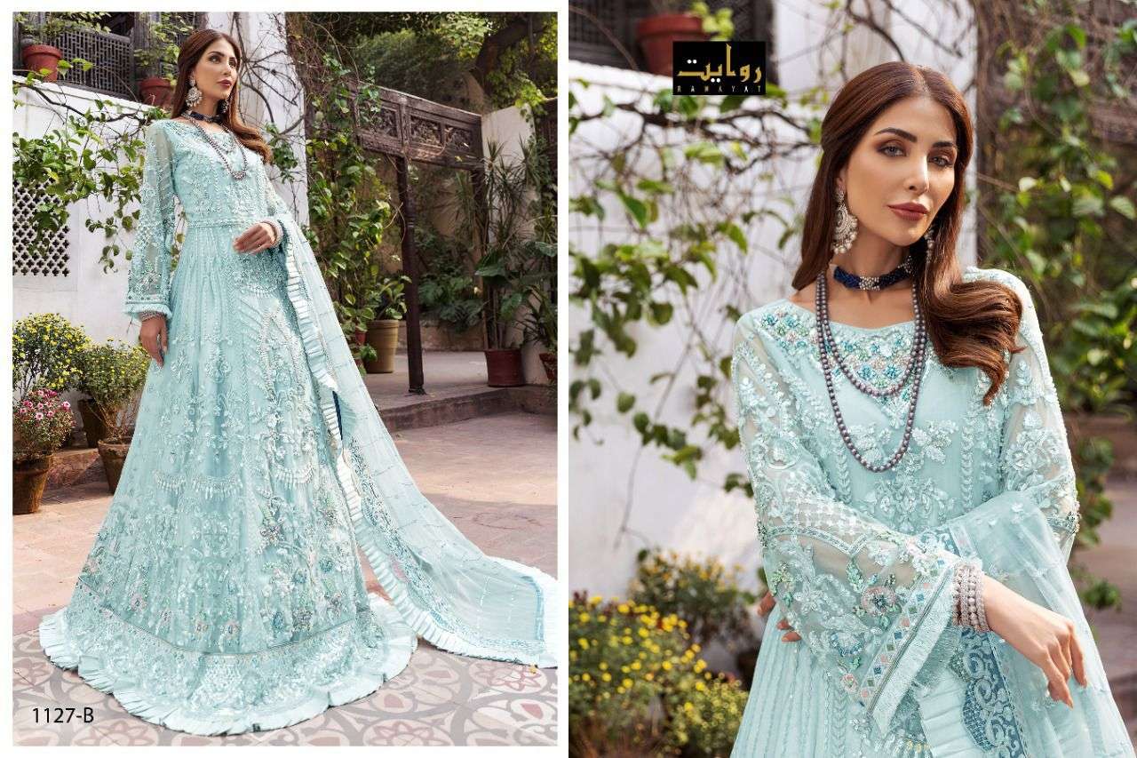 EMAAN ADEEL SPECIAL BY RAWAYAT 1127-A TO 1127-D SERIES PAKISTANI SUITS BEAUTIFUL FANCY COLORFUL STYLISH PARTY WEAR & OCCASIONAL WEAR NET EMBROIDERY DRESSES AT WHOLESALE PRICE