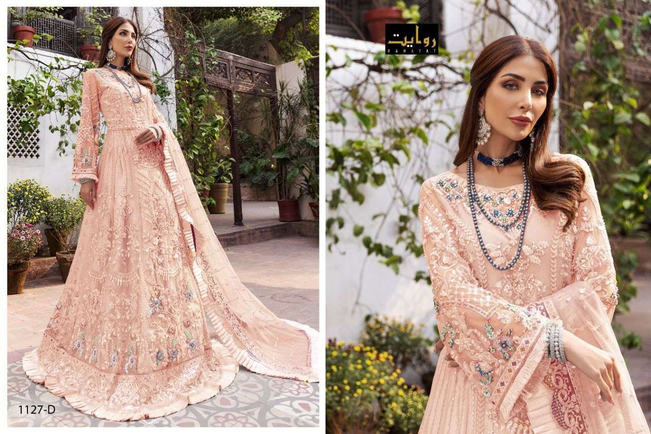 EMAAN ADEEL SPECIAL BY RAWAYAT 1127-A TO 1127-D SERIES PAKISTANI SUITS BEAUTIFUL FANCY COLORFUL STYLISH PARTY WEAR & OCCASIONAL WEAR NET EMBROIDERY DRESSES AT WHOLESALE PRICE