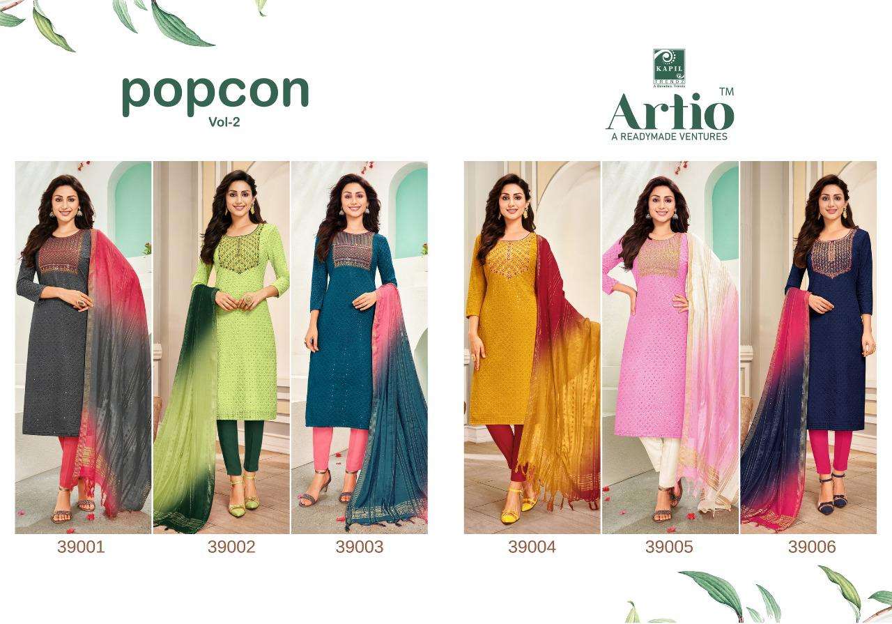 POPCORN VOL-2 BY ARTIO 39001 TO 39006 SERIES SUITS BEAUTIFUL FANCY COLORFUL STYLISH PARTY WEAR & OCCASIONAL WEAR RAYON WITH WORK DRESSES AT WHOLESALE PRICE