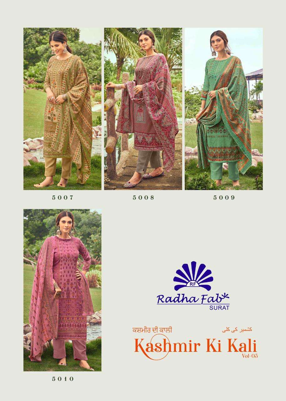 KASHMIR KI KALI VOL-5 BY RADHA FABS 5001 TO 5010 SERIES SUITS BEAUTIFUL FANCY COLORFUL STYLISH PARTY WEAR & OCCASIONAL WEAR PURE PASHMINA DRESSES AT WHOLESALE PRICE