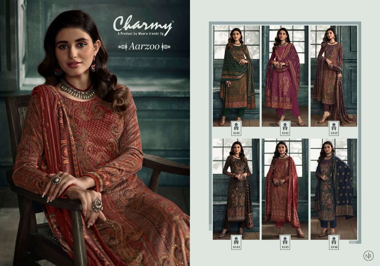 AARZOO BY CHARMY 4341 TO 4346 SERIES DESIGNER SUITS COLLECTION BEAUTIFUL STYLISH FANCY COLORFUL PARTY WEAR & OCCASIONAL WEAR VELVET EMBROIDERED DRESSES AT WHOLESALE PRICE