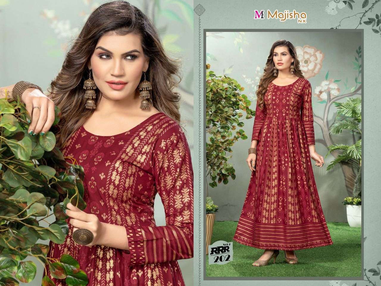 RRR VOL-2 BY MAJISHA NX 201 TO 208 SERIES BEAUTIFUL STYLISH FANCY COLORFUL CASUAL WEAR & ETHNIC WEAR RAYON FOIL GOWNS AT WHOLESALE PRICE