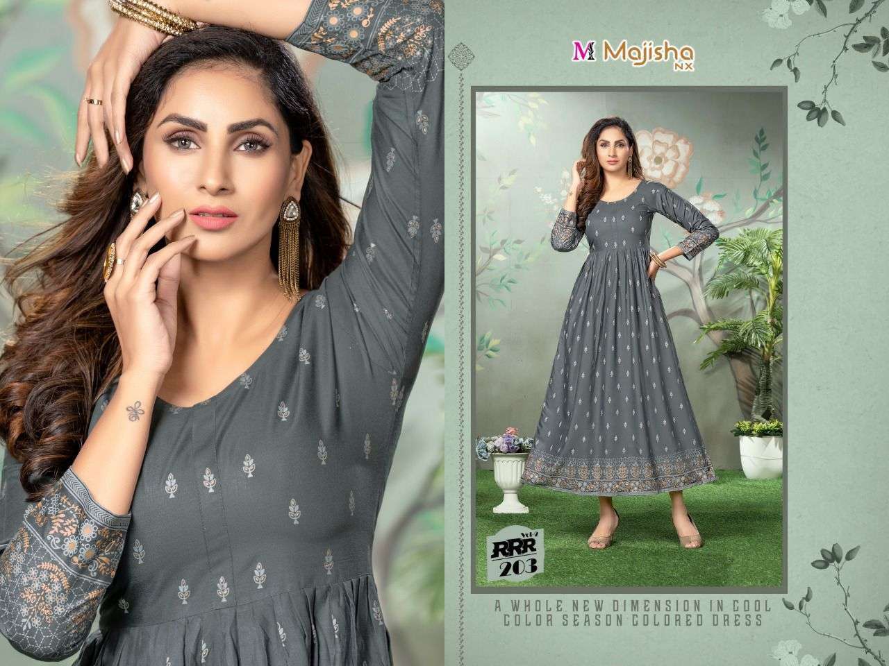 RRR VOL-2 BY MAJISHA NX 201 TO 208 SERIES BEAUTIFUL STYLISH FANCY COLORFUL CASUAL WEAR & ETHNIC WEAR RAYON FOIL GOWNS AT WHOLESALE PRICE