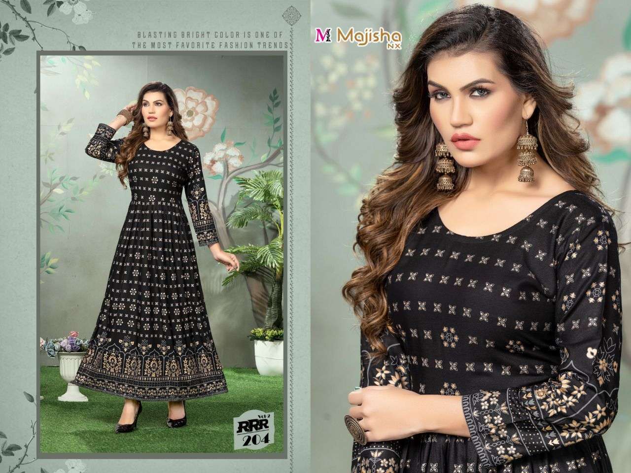RRR VOL-2 BY MAJISHA NX 201 TO 208 SERIES BEAUTIFUL STYLISH FANCY COLORFUL CASUAL WEAR & ETHNIC WEAR RAYON FOIL GOWNS AT WHOLESALE PRICE