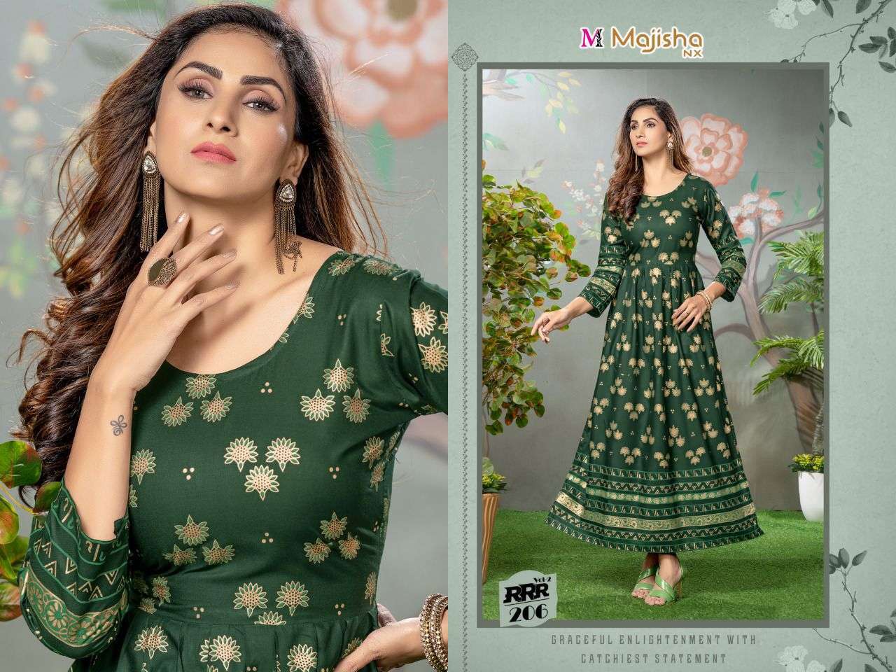RRR VOL-2 BY MAJISHA NX 201 TO 208 SERIES BEAUTIFUL STYLISH FANCY COLORFUL CASUAL WEAR & ETHNIC WEAR RAYON FOIL GOWNS AT WHOLESALE PRICE