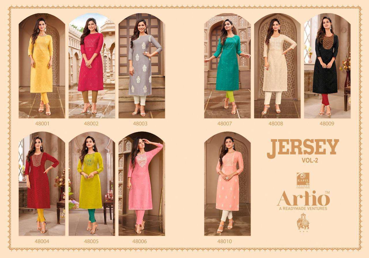 JERSEY VOL-2 BY ARTIO 48001 TO 48010 SERIES DESIGNER STYLISH FANCY COLORFUL BEAUTIFUL PARTY WEAR & ETHNIC WEAR COLLECTION MODAL SILK KURTIS AT WHOLESALE PRICE