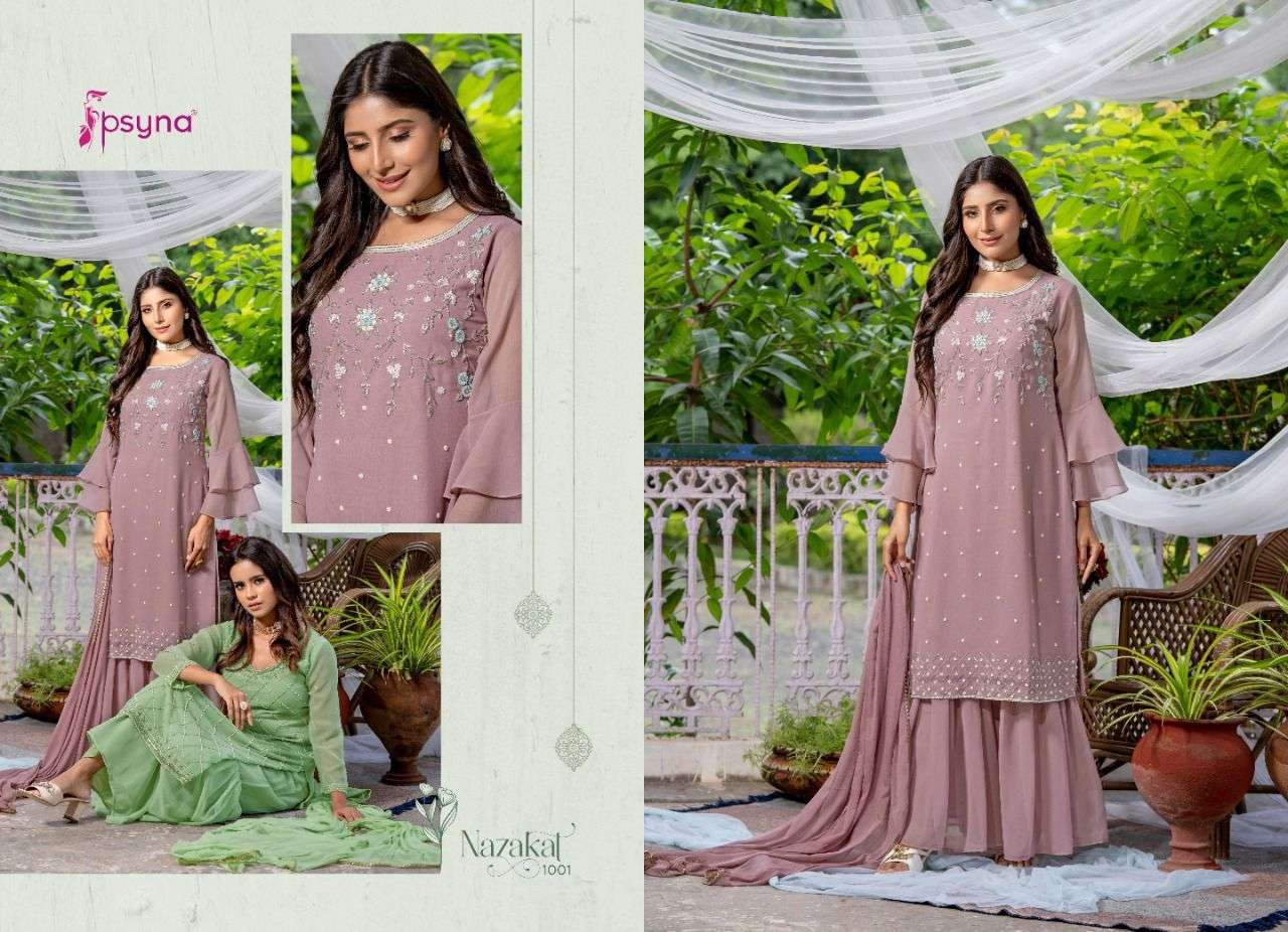 NAZAKAT BY PSYNA 1001 TO 1006 SERIES BEAUTIFUL SHARARA SUITS COLORFUL STYLISH FANCY CASUAL WEAR & ETHNIC WEAR GEORGETTE DRESSES AT WHOLESALE PRICE