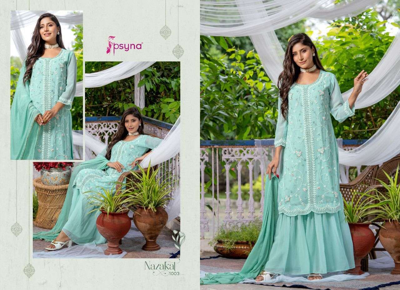 NAZAKAT BY PSYNA 1001 TO 1006 SERIES BEAUTIFUL SHARARA SUITS COLORFUL STYLISH FANCY CASUAL WEAR & ETHNIC WEAR GEORGETTE DRESSES AT WHOLESALE PRICE