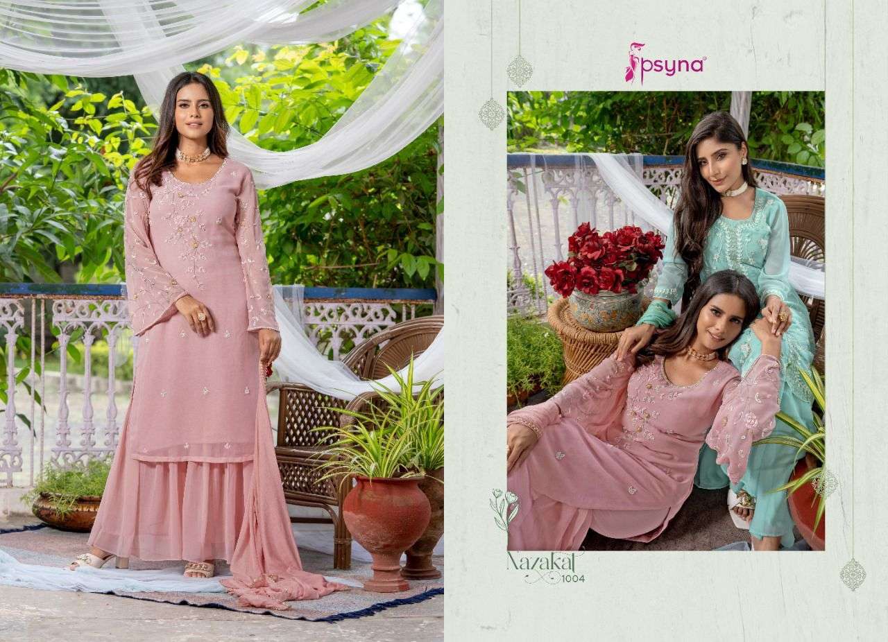 NAZAKAT BY PSYNA 1001 TO 1006 SERIES BEAUTIFUL SHARARA SUITS COLORFUL STYLISH FANCY CASUAL WEAR & ETHNIC WEAR GEORGETTE DRESSES AT WHOLESALE PRICE