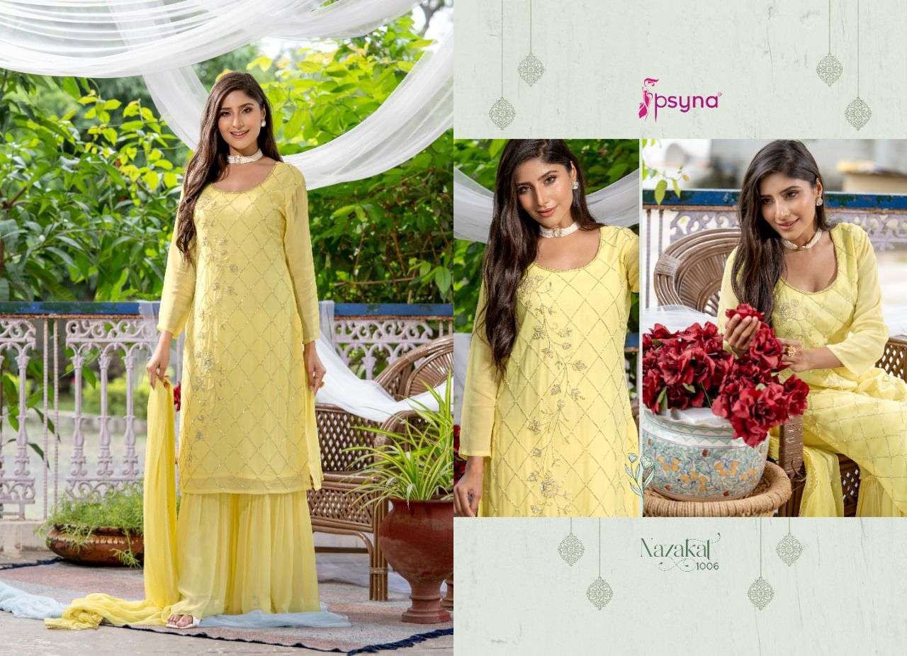 NAZAKAT BY PSYNA 1001 TO 1006 SERIES BEAUTIFUL SHARARA SUITS COLORFUL STYLISH FANCY CASUAL WEAR & ETHNIC WEAR GEORGETTE DRESSES AT WHOLESALE PRICE