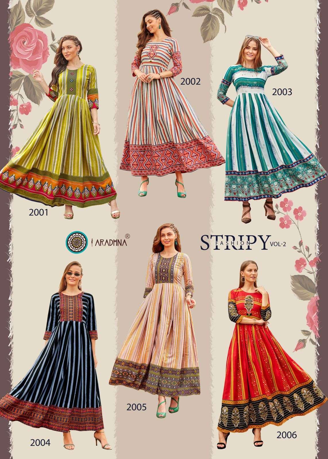 FASHION STRIPY VOL-2 BY ARADHNA FASHION 2001 TO 2012 SERIES BEAUTIFUL STYLISH FANCY COLORFUL CASUAL WEAR & ETHNIC WEAR RAYON FOIL GOWNS AT WHOLESALE PRICE
