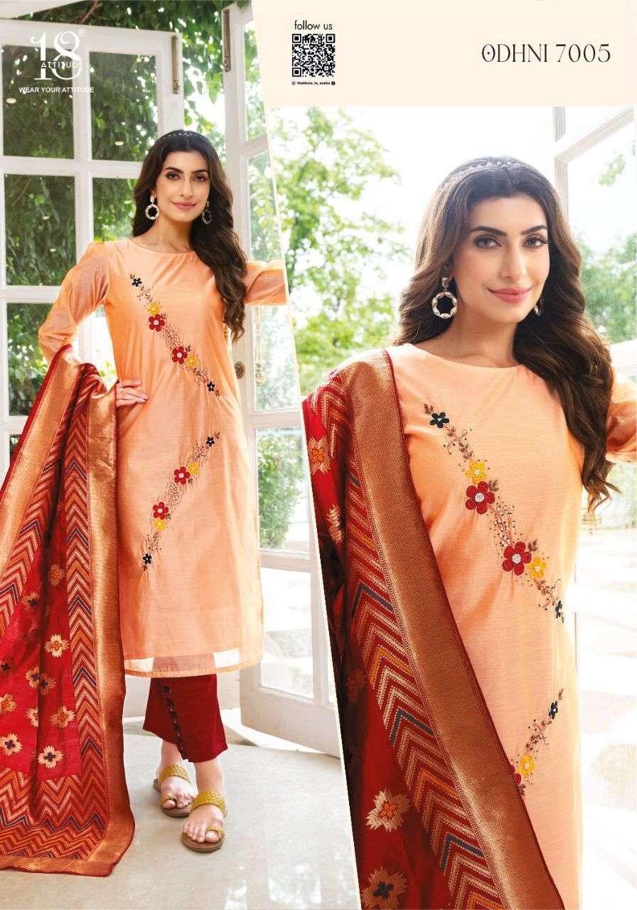 ODHNI VOL-7 BY 18 ATTITUDE 7001 TO 7007 SERIES DESIGNER STYLISH FANCY COLORFUL BEAUTIFUL PARTY WEAR & ETHNIC WEAR COLLECTION CHANDERI SILK KURTIS WITH DUPATTA AT WHOLESALE PRICE