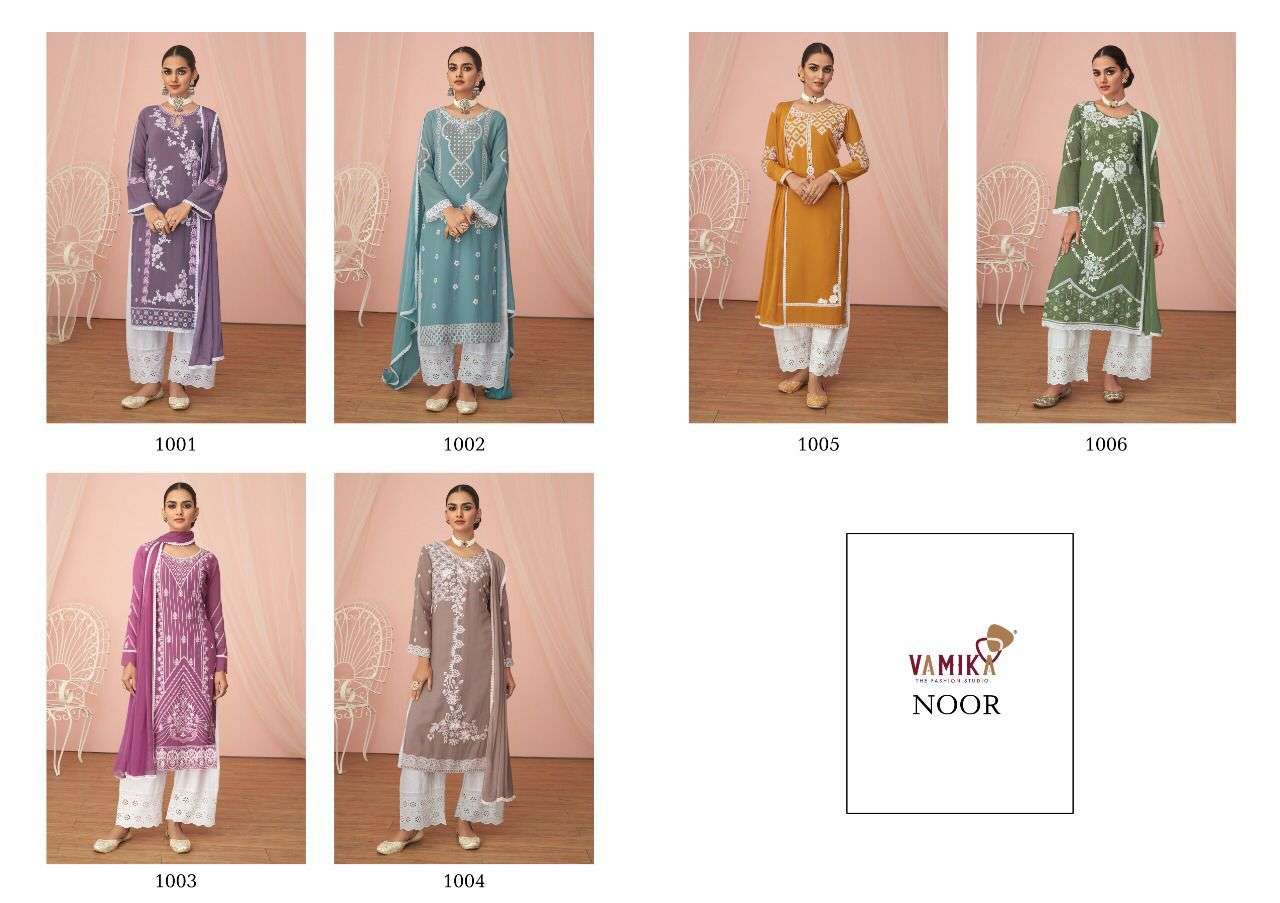 NOOR BY VAMIKA 1001 TO 1006 SERIES BEAUTIFUL SUITS COLORFUL STYLISH FANCY CASUAL WEAR & ETHNIC WEAR FAUX GEORGETTE EMBROIDERED DRESSES AT WHOLESALE PRICE