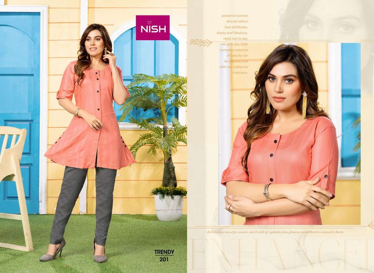 TRENDY VOL-2 BY NISH 201 TO 208 SERIES DESIGNER STYLISH FANCY COLORFUL BEAUTIFUL PARTY WEAR & ETHNIC WEAR COLLECTION RAYON KURTIS WITH BOTTOM AT WHOLESALE PRICE