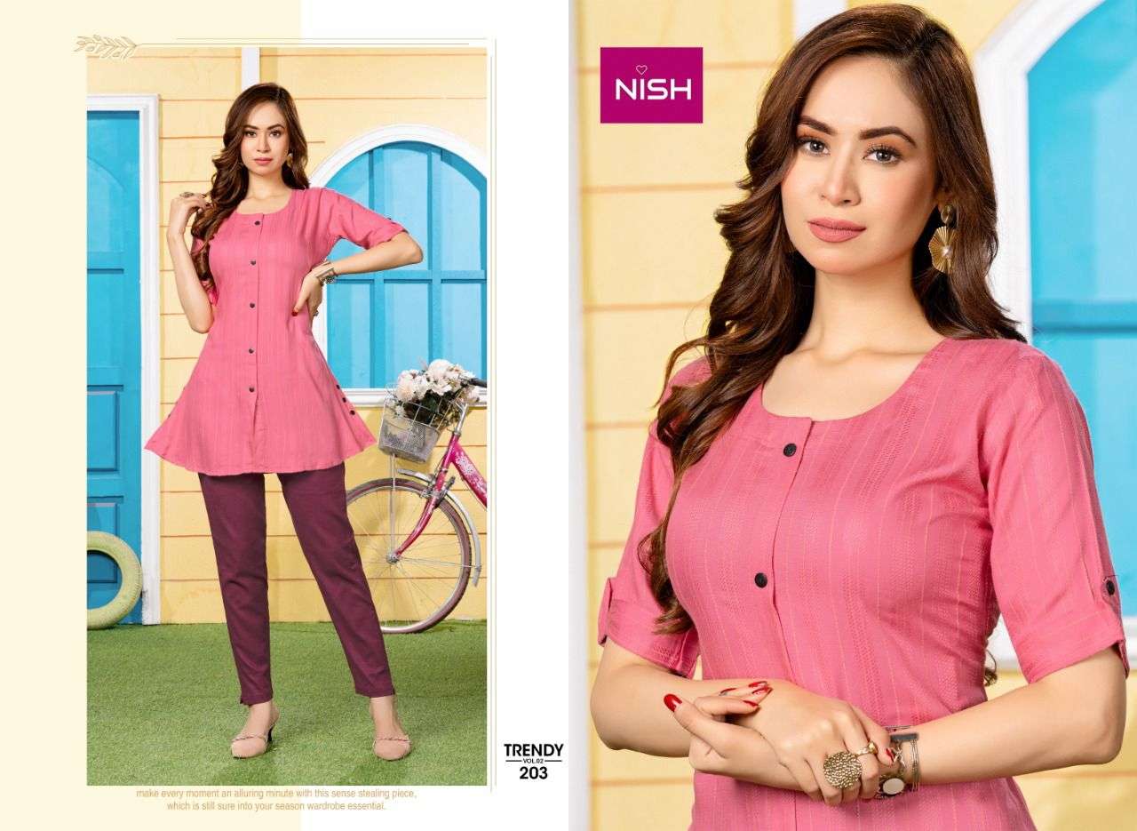 TRENDY VOL-2 BY NISH 201 TO 208 SERIES DESIGNER STYLISH FANCY COLORFUL BEAUTIFUL PARTY WEAR & ETHNIC WEAR COLLECTION RAYON KURTIS WITH BOTTOM AT WHOLESALE PRICE
