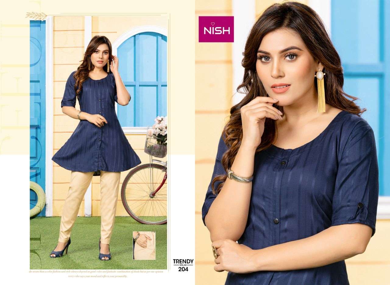 TRENDY VOL-2 BY NISH 201 TO 208 SERIES DESIGNER STYLISH FANCY COLORFUL BEAUTIFUL PARTY WEAR & ETHNIC WEAR COLLECTION RAYON KURTIS WITH BOTTOM AT WHOLESALE PRICE