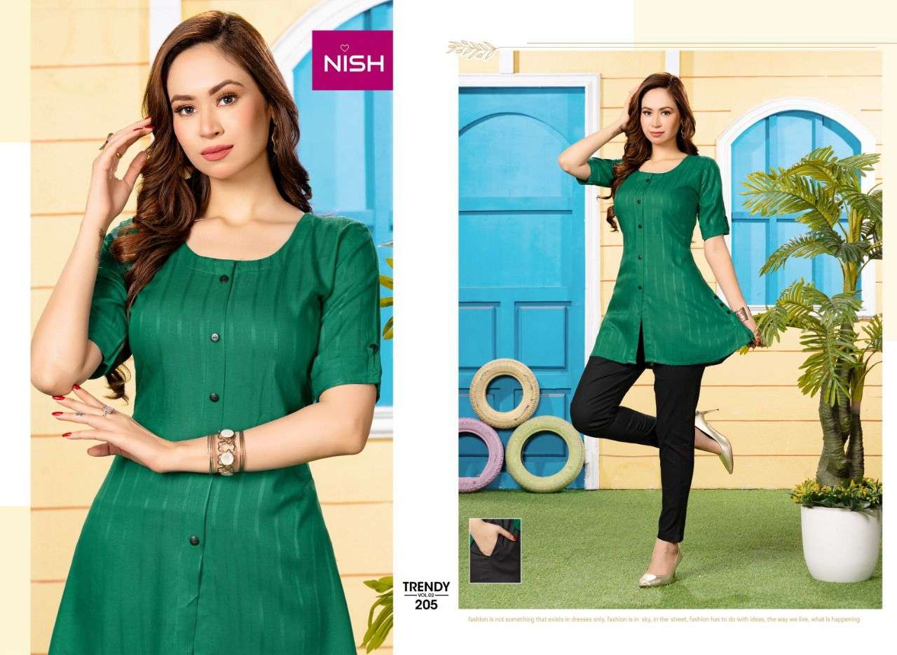 TRENDY VOL-2 BY NISH 201 TO 208 SERIES DESIGNER STYLISH FANCY COLORFUL BEAUTIFUL PARTY WEAR & ETHNIC WEAR COLLECTION RAYON KURTIS WITH BOTTOM AT WHOLESALE PRICE