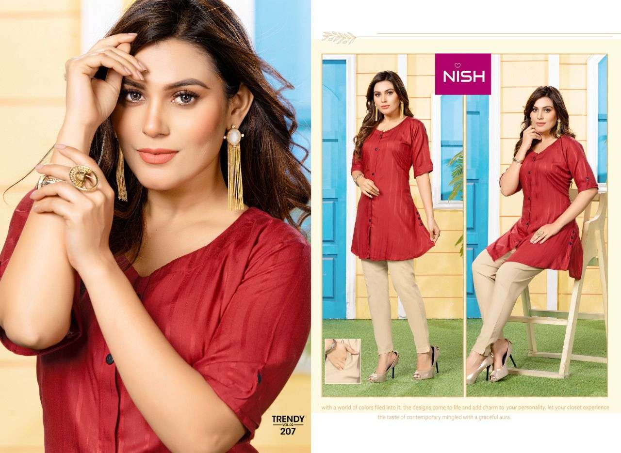 TRENDY VOL-2 BY NISH 201 TO 208 SERIES DESIGNER STYLISH FANCY COLORFUL BEAUTIFUL PARTY WEAR & ETHNIC WEAR COLLECTION RAYON KURTIS WITH BOTTOM AT WHOLESALE PRICE