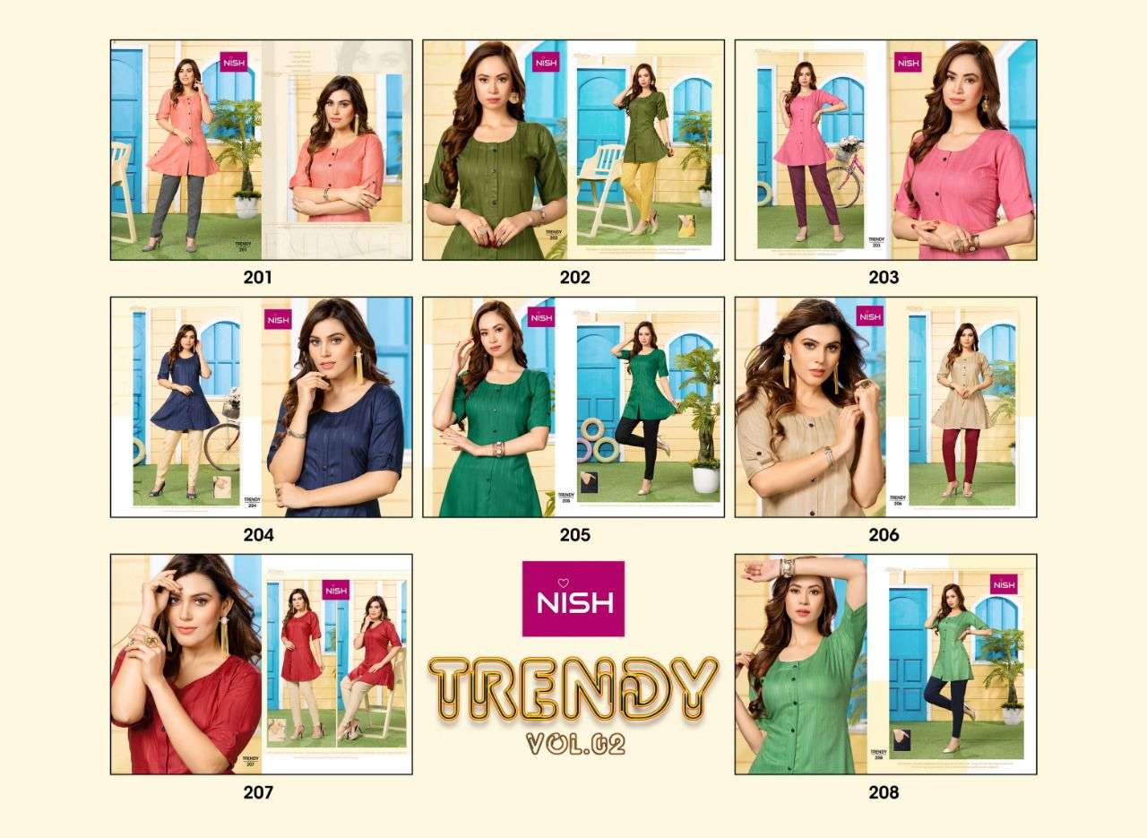TRENDY VOL-2 BY NISH 201 TO 208 SERIES DESIGNER STYLISH FANCY COLORFUL BEAUTIFUL PARTY WEAR & ETHNIC WEAR COLLECTION RAYON KURTIS WITH BOTTOM AT WHOLESALE PRICE