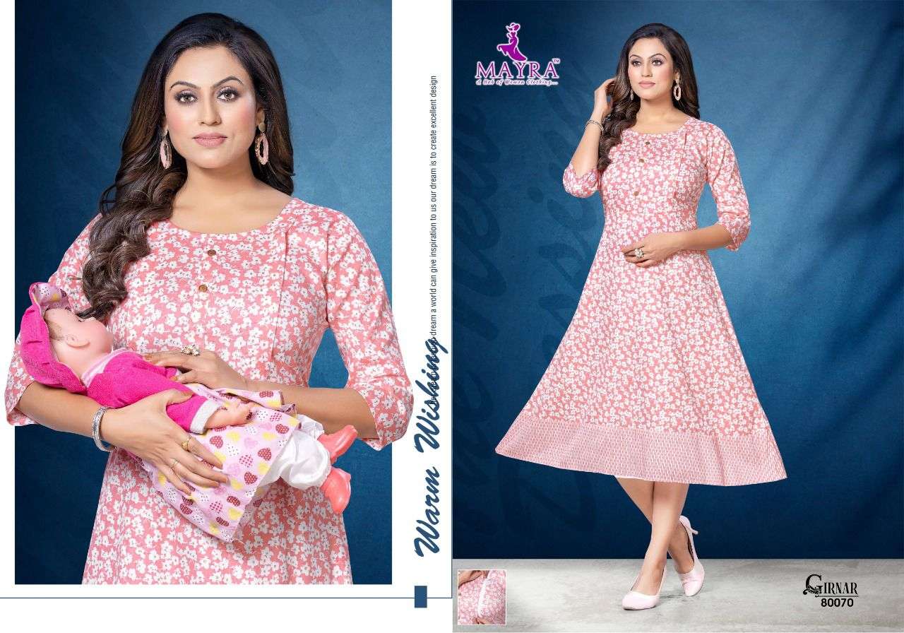 GIRNAR BY MAYRA 80069 TO 80074 SERIES BEAUTIFUL STYLISH FANCY COLORFUL CASUAL WEAR & ETHNIC WEAR RAYON FOIL KURTIS AT WHOLESALE PRICE