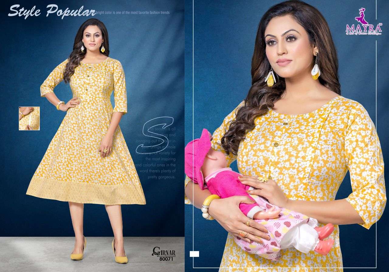 GIRNAR BY MAYRA 80069 TO 80074 SERIES BEAUTIFUL STYLISH FANCY COLORFUL CASUAL WEAR & ETHNIC WEAR RAYON FOIL KURTIS AT WHOLESALE PRICE