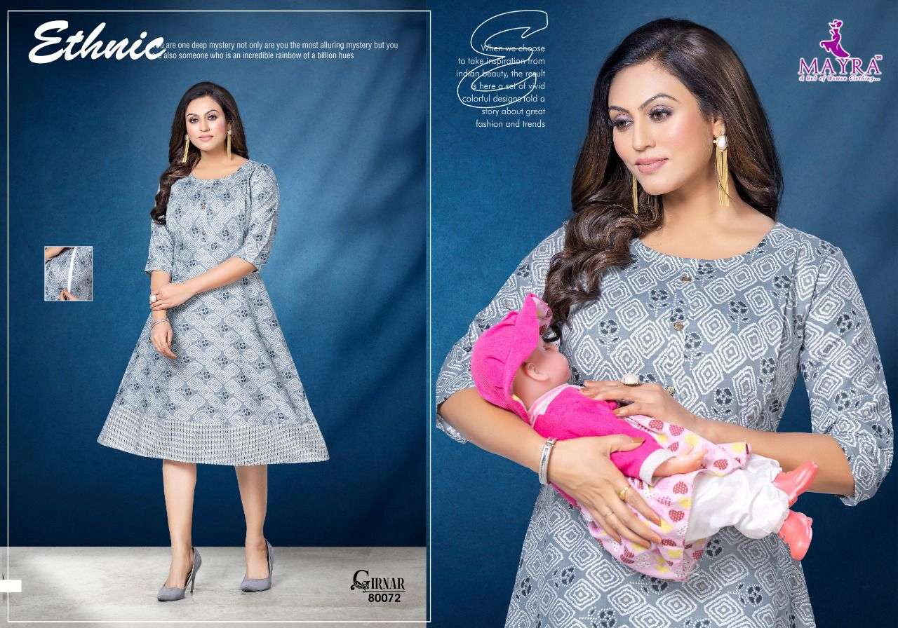 GIRNAR BY MAYRA 80069 TO 80074 SERIES BEAUTIFUL STYLISH FANCY COLORFUL CASUAL WEAR & ETHNIC WEAR RAYON FOIL KURTIS AT WHOLESALE PRICE