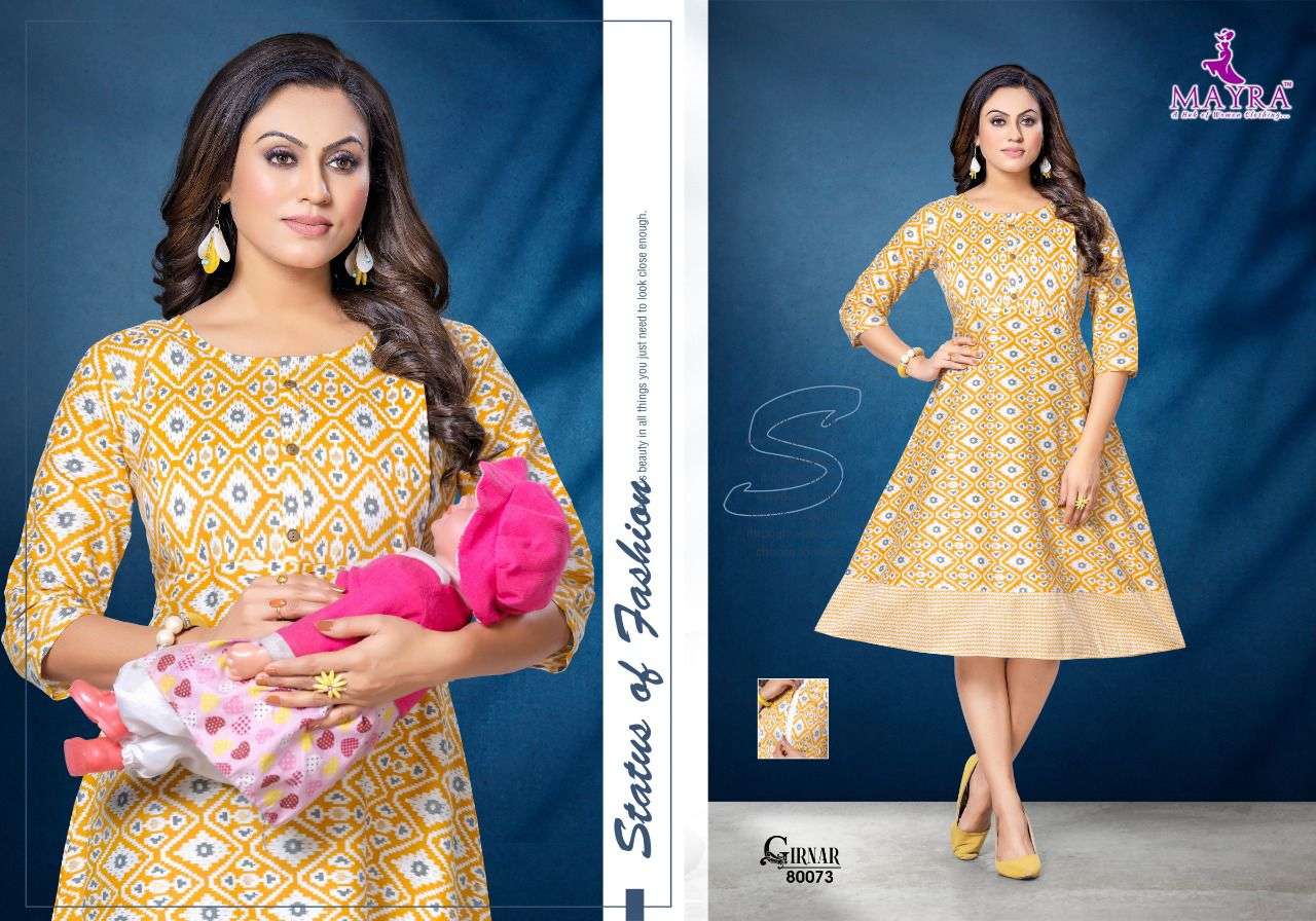 GIRNAR BY MAYRA 80069 TO 80074 SERIES BEAUTIFUL STYLISH FANCY COLORFUL CASUAL WEAR & ETHNIC WEAR RAYON FOIL KURTIS AT WHOLESALE PRICE