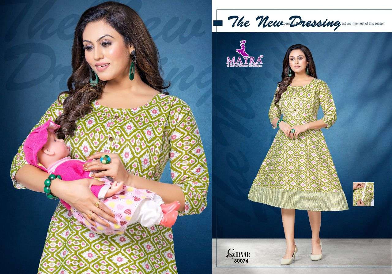 GIRNAR BY MAYRA 80069 TO 80074 SERIES BEAUTIFUL STYLISH FANCY COLORFUL CASUAL WEAR & ETHNIC WEAR RAYON FOIL KURTIS AT WHOLESALE PRICE